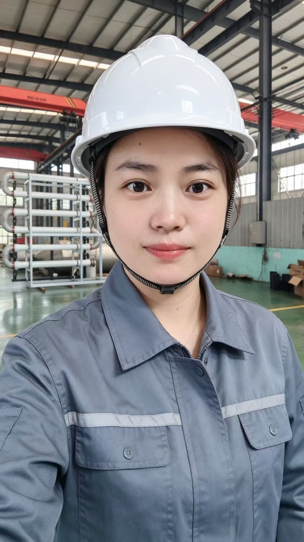 Grace Wang at an environmental equipment factory